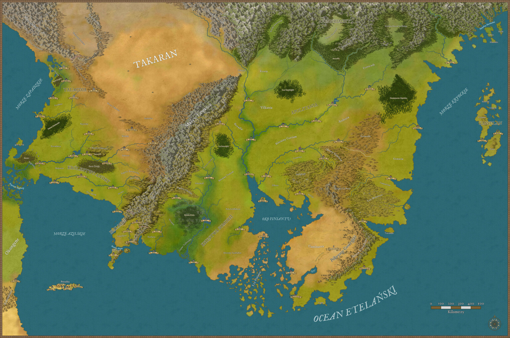 Mapa kontynentu Finewyr oraz fragmentu Aretaiu