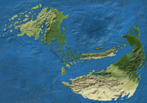 Mapa archipelagu Wneguo na północnym zachodzie i kontynentu Intisar na południowym wschodzie oraz łączącego ich archipelagu Esiraneje